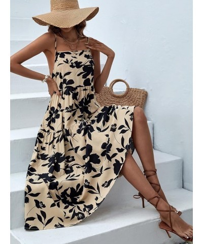 Women's Floral Print Ruffle Hem Sleeveless A Line Swing Cami Long Dress Khaki $18.04 Dresses