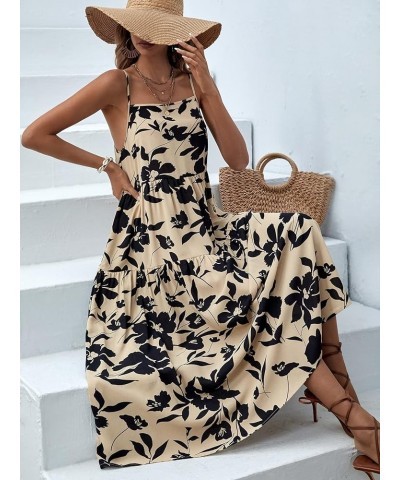 Women's Floral Print Ruffle Hem Sleeveless A Line Swing Cami Long Dress Khaki $18.04 Dresses