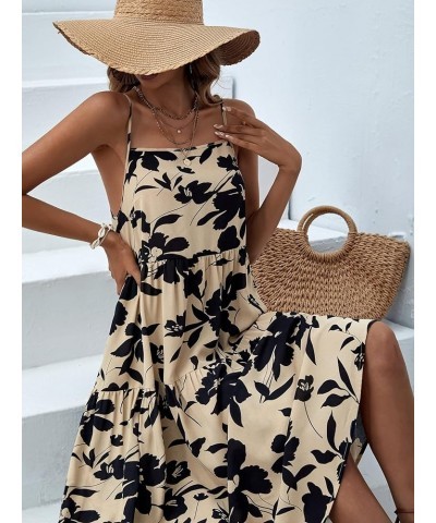 Women's Floral Print Ruffle Hem Sleeveless A Line Swing Cami Long Dress Khaki $18.04 Dresses