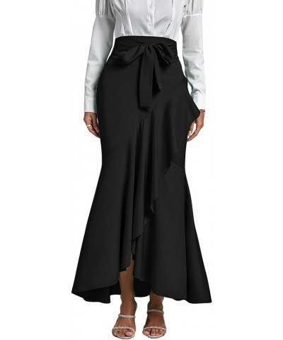 Women's Tie Waist Ruffle Wrap Mermaid Fishtail Hem High Waist Long Maxi Skirt Solid Black $13.44 Skirts