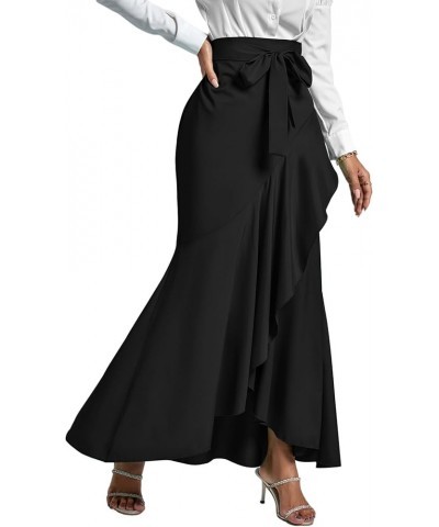 Women's Tie Waist Ruffle Wrap Mermaid Fishtail Hem High Waist Long Maxi Skirt Solid Black $13.44 Skirts