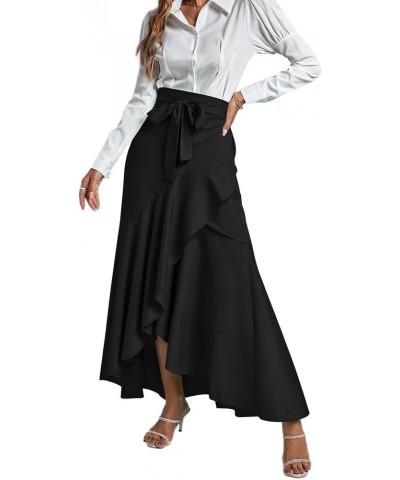 Women's Tie Waist Ruffle Wrap Mermaid Fishtail Hem High Waist Long Maxi Skirt Solid Black $13.44 Skirts