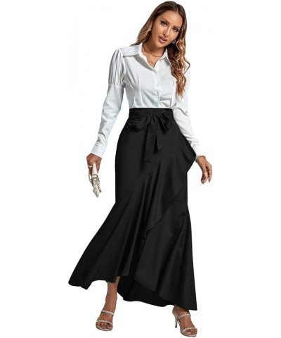 Women's Tie Waist Ruffle Wrap Mermaid Fishtail Hem High Waist Long Maxi Skirt Solid Black $13.44 Skirts