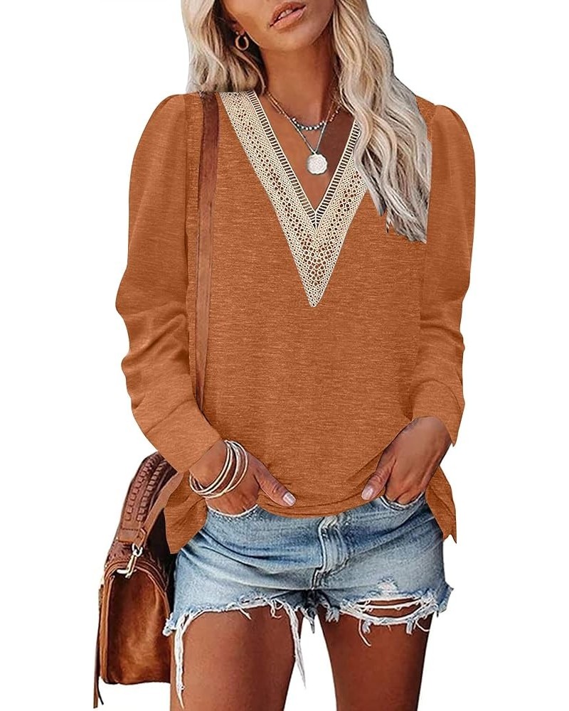 Women's 2024 Casual Long Sleeve T Shirts Lace V Neck Trendy Basic Tops Summer Fall Tee Blouse Caramel $19.59 T-Shirts