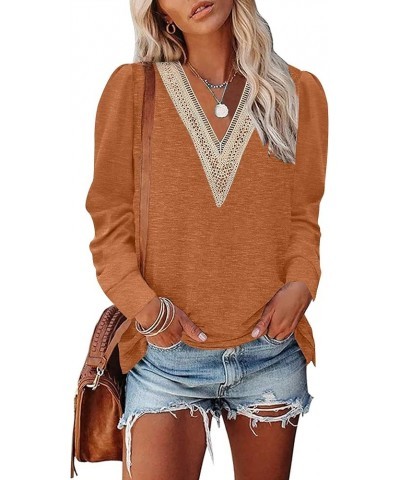 Women's 2024 Casual Long Sleeve T Shirts Lace V Neck Trendy Basic Tops Summer Fall Tee Blouse Caramel $19.59 T-Shirts