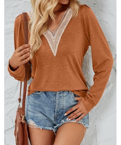 Women's 2024 Casual Long Sleeve T Shirts Lace V Neck Trendy Basic Tops Summer Fall Tee Blouse Caramel $19.59 T-Shirts