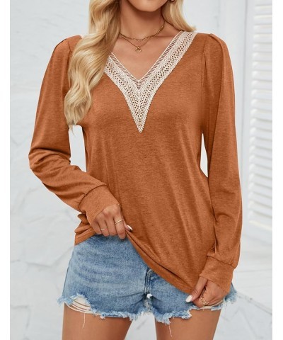 Women's 2024 Casual Long Sleeve T Shirts Lace V Neck Trendy Basic Tops Summer Fall Tee Blouse Caramel $19.59 T-Shirts