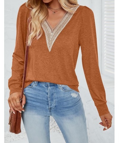 Women's 2024 Casual Long Sleeve T Shirts Lace V Neck Trendy Basic Tops Summer Fall Tee Blouse Caramel $19.59 T-Shirts