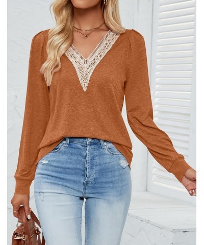 Women's 2024 Casual Long Sleeve T Shirts Lace V Neck Trendy Basic Tops Summer Fall Tee Blouse Caramel $19.59 T-Shirts