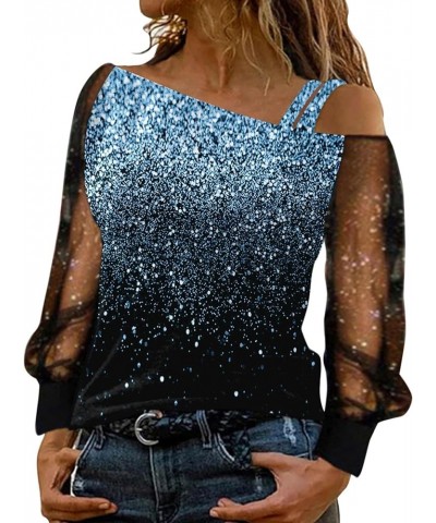 Women Print Cold Shoulder T Shirt Mesh Long Sleeve Spliced Tops Sky Blue $23.65 T-Shirts