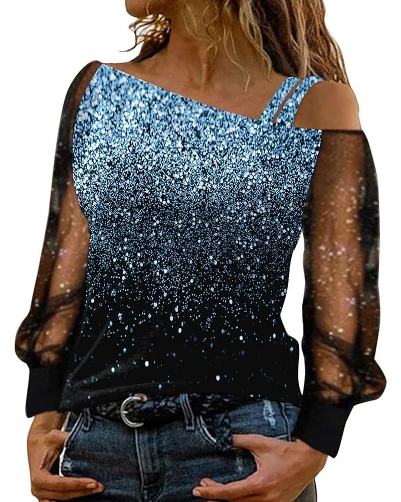 Women Print Cold Shoulder T Shirt Mesh Long Sleeve Spliced Tops Sky Blue $23.65 T-Shirts