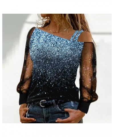 Women Print Cold Shoulder T Shirt Mesh Long Sleeve Spliced Tops Sky Blue $23.65 T-Shirts