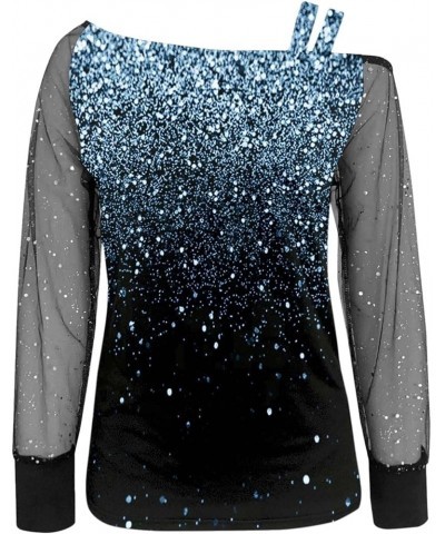 Women Print Cold Shoulder T Shirt Mesh Long Sleeve Spliced Tops Sky Blue $23.65 T-Shirts