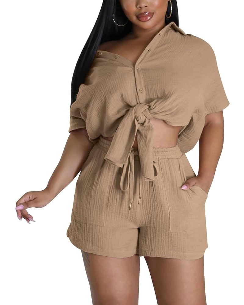 Women's Summer 2 Piece Outfits Button Down Shirt Top & Biker Shorts Sets Cotton Linen TrackSuits Khaki $18.80 Activewear