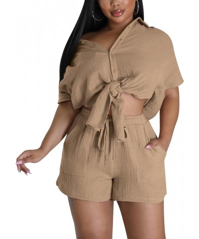 Women's Summer 2 Piece Outfits Button Down Shirt Top & Biker Shorts Sets Cotton Linen TrackSuits Khaki $18.80 Activewear