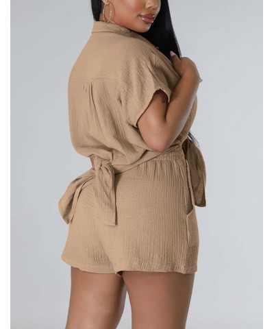 Women's Summer 2 Piece Outfits Button Down Shirt Top & Biker Shorts Sets Cotton Linen TrackSuits Khaki $18.80 Activewear