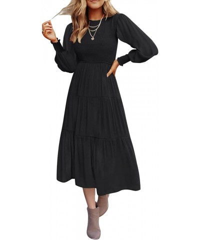 Women's 2024 Casual Long Sleeve Crew Neck High Waist Smocked Flowy Tiered Midi Dress Pureblack $14.24 Dresses