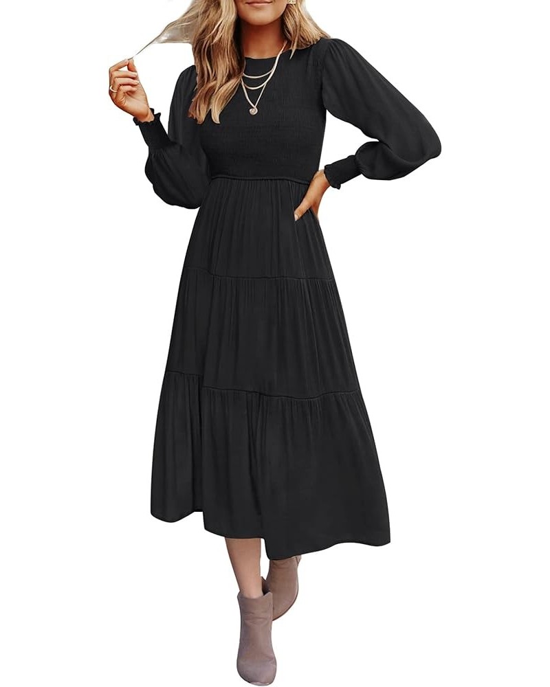 Women's 2024 Casual Long Sleeve Crew Neck High Waist Smocked Flowy Tiered Midi Dress Pureblack $14.24 Dresses