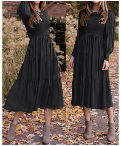 Women's 2024 Casual Long Sleeve Crew Neck High Waist Smocked Flowy Tiered Midi Dress Pureblack $14.24 Dresses