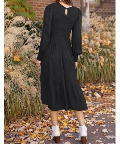 Women's 2024 Casual Long Sleeve Crew Neck High Waist Smocked Flowy Tiered Midi Dress Pureblack $14.24 Dresses