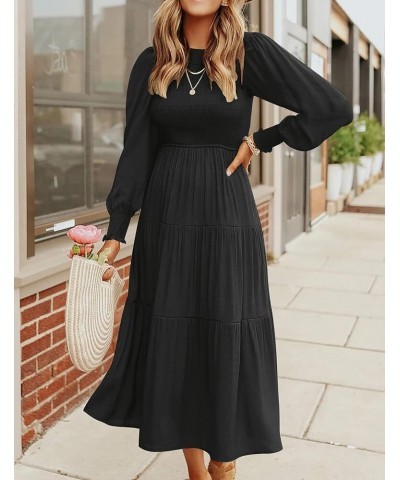 Women's 2024 Casual Long Sleeve Crew Neck High Waist Smocked Flowy Tiered Midi Dress Pureblack $14.24 Dresses