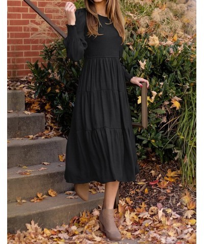 Women's 2024 Casual Long Sleeve Crew Neck High Waist Smocked Flowy Tiered Midi Dress Pureblack $14.24 Dresses