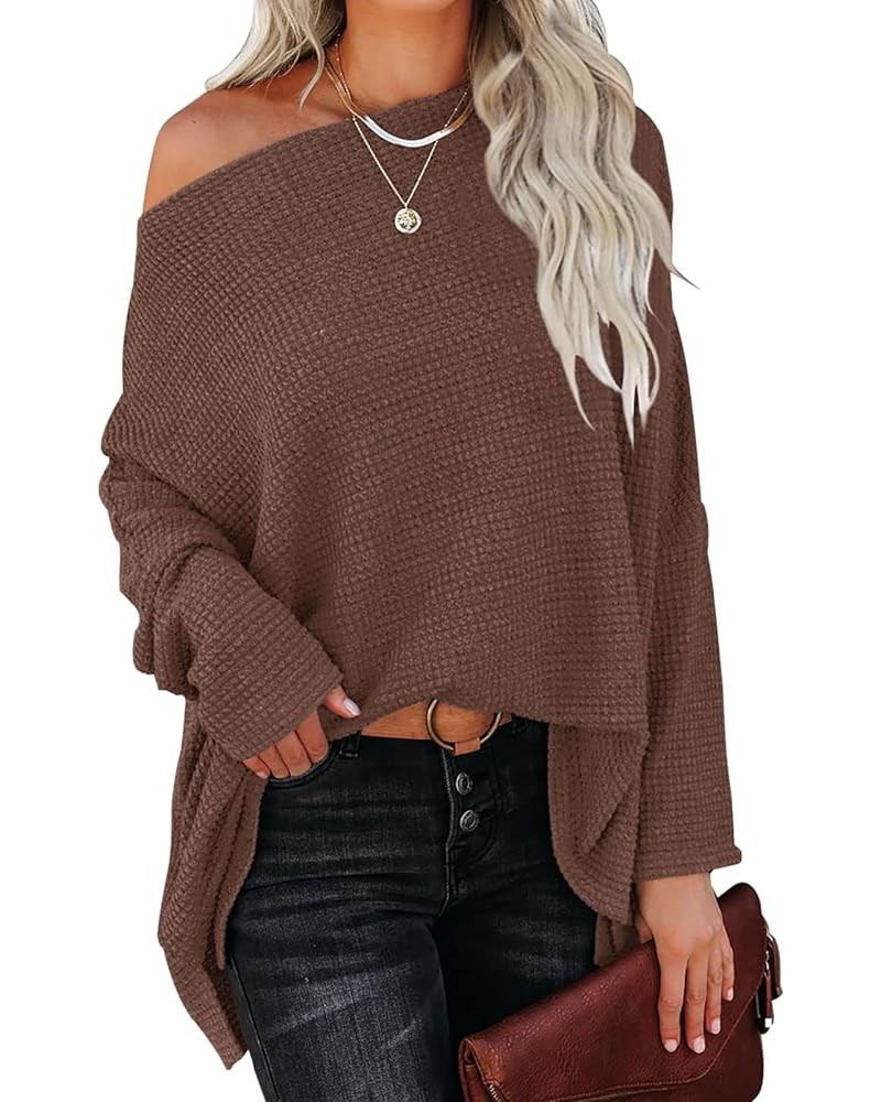 Batwing Sleeve Knit Tops One Shoulder Loose Pullover Long Sleeve Fashion Sweater Coffee $12.55 Sweaters