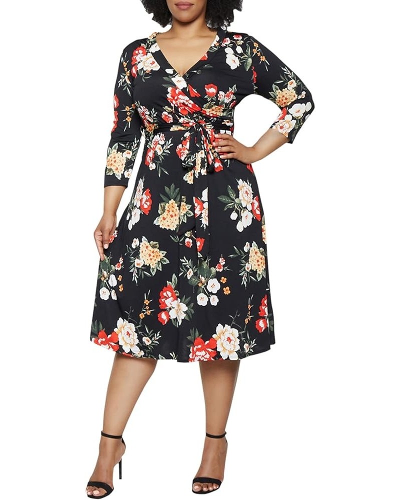 Women's Plus Size 3/4 Sleeve Faux Wrap Floral Dress with Belt Black Floral $10.75 Dresses