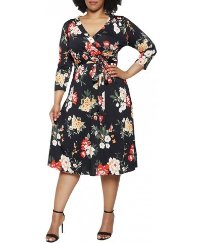 Women's Plus Size 3/4 Sleeve Faux Wrap Floral Dress with Belt Black Floral $10.75 Dresses