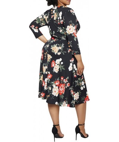 Women's Plus Size 3/4 Sleeve Faux Wrap Floral Dress with Belt Black Floral $10.75 Dresses