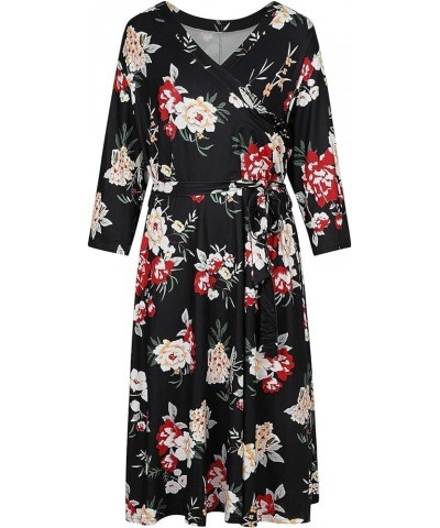 Women's Plus Size 3/4 Sleeve Faux Wrap Floral Dress with Belt Black Floral $10.75 Dresses