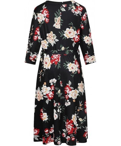 Women's Plus Size 3/4 Sleeve Faux Wrap Floral Dress with Belt Black Floral $10.75 Dresses