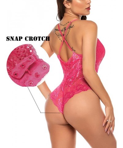 Women Snap Crotch Lingerie Sexy Lace Bodysuit Deep V Teddy One Piece Lace Babydoll Pink-(with Snap Crotch) $12.41 Lingerie