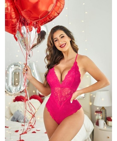 Women Snap Crotch Lingerie Sexy Lace Bodysuit Deep V Teddy One Piece Lace Babydoll Pink-(with Snap Crotch) $12.41 Lingerie