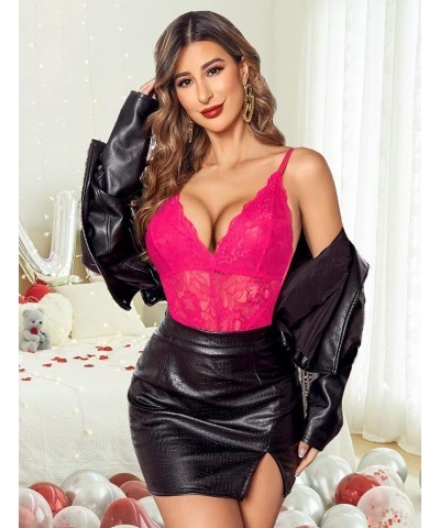 Women Snap Crotch Lingerie Sexy Lace Bodysuit Deep V Teddy One Piece Lace Babydoll Pink-(with Snap Crotch) $12.41 Lingerie