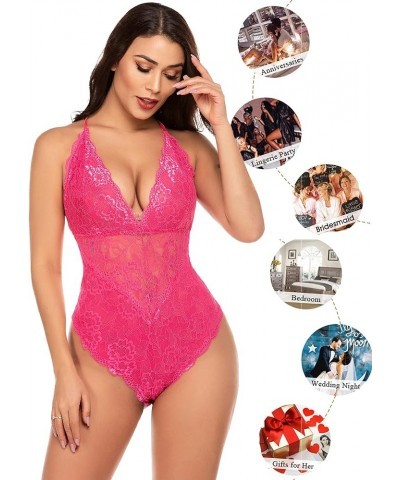 Women Snap Crotch Lingerie Sexy Lace Bodysuit Deep V Teddy One Piece Lace Babydoll Pink-(with Snap Crotch) $12.41 Lingerie