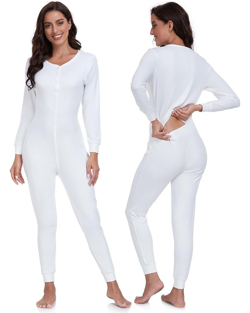 Women's Cotton Thermal Underwear Union Suits Long Onesie Pajamas Base Layer PJ's Loungewear womens union suit White-button $1...