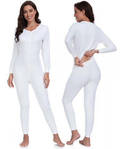 Women's Cotton Thermal Underwear Union Suits Long Onesie Pajamas Base Layer PJ's Loungewear womens union suit White-button $1...