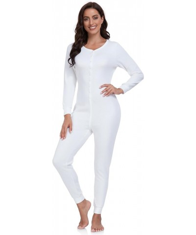 Women's Cotton Thermal Underwear Union Suits Long Onesie Pajamas Base Layer PJ's Loungewear womens union suit White-button $1...