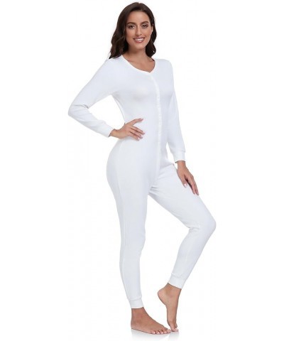 Women's Cotton Thermal Underwear Union Suits Long Onesie Pajamas Base Layer PJ's Loungewear womens union suit White-button $1...