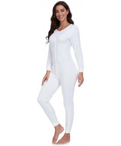 Women's Cotton Thermal Underwear Union Suits Long Onesie Pajamas Base Layer PJ's Loungewear womens union suit White-button $1...