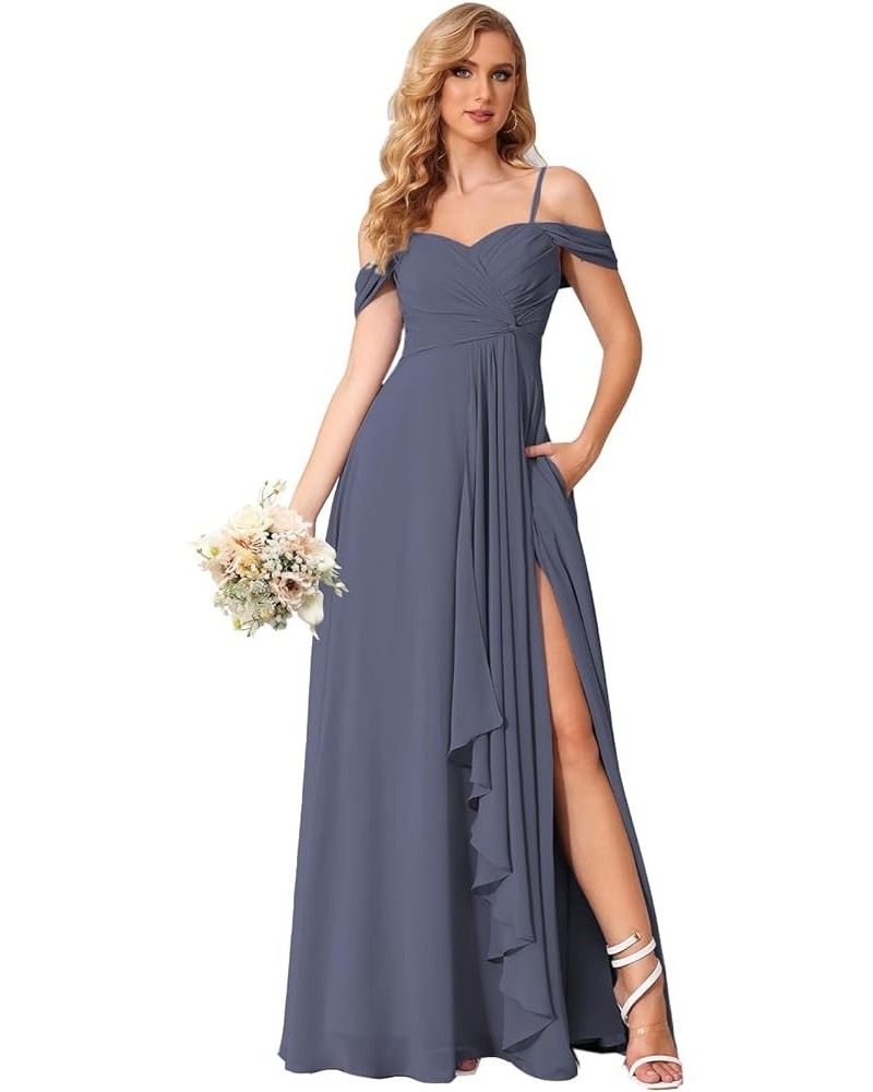 Women's Cold Shoulder Bridesmaid Dresses Long with Slit Chiffon Ruffles Pleats Formal Party Dress YJ174 Stormy Blue $26.25 Dr...