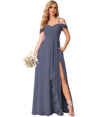 Women's Cold Shoulder Bridesmaid Dresses Long with Slit Chiffon Ruffles Pleats Formal Party Dress YJ174 Stormy Blue $26.25 Dr...