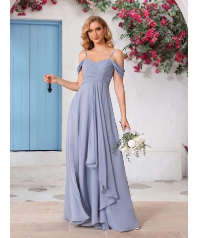 Women's Cold Shoulder Bridesmaid Dresses Long with Slit Chiffon Ruffles Pleats Formal Party Dress YJ174 Stormy Blue $26.25 Dr...