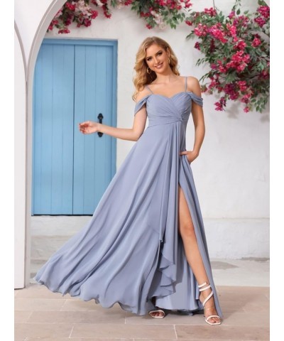 Women's Cold Shoulder Bridesmaid Dresses Long with Slit Chiffon Ruffles Pleats Formal Party Dress YJ174 Stormy Blue $26.25 Dr...