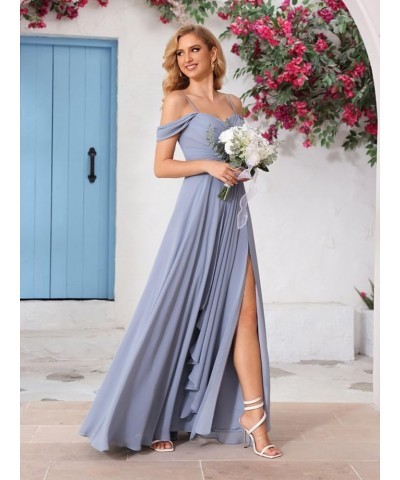 Women's Cold Shoulder Bridesmaid Dresses Long with Slit Chiffon Ruffles Pleats Formal Party Dress YJ174 Stormy Blue $26.25 Dr...