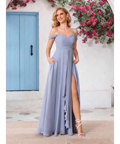 Women's Cold Shoulder Bridesmaid Dresses Long with Slit Chiffon Ruffles Pleats Formal Party Dress YJ174 Stormy Blue $26.25 Dr...