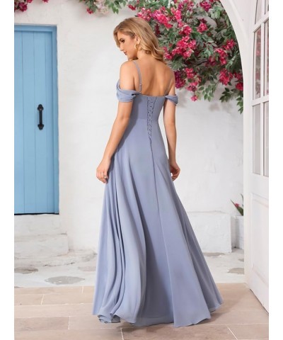 Women's Cold Shoulder Bridesmaid Dresses Long with Slit Chiffon Ruffles Pleats Formal Party Dress YJ174 Stormy Blue $26.25 Dr...