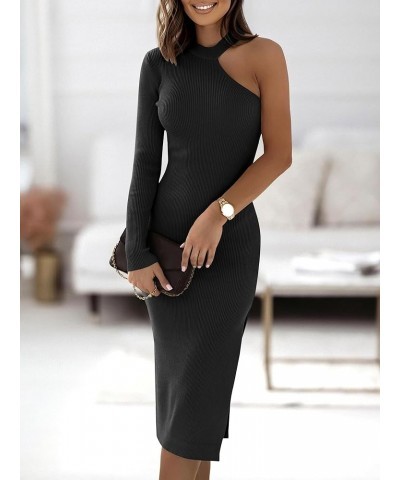 Women 2023 Fall Sweater Dress Sexy One Shoulder Long Sleeve Ribbed Knit Side Slit Bodycon Midi Dresses Black $10.19 Sweaters