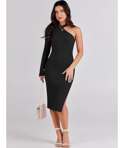 Women 2023 Fall Sweater Dress Sexy One Shoulder Long Sleeve Ribbed Knit Side Slit Bodycon Midi Dresses Black $10.19 Sweaters